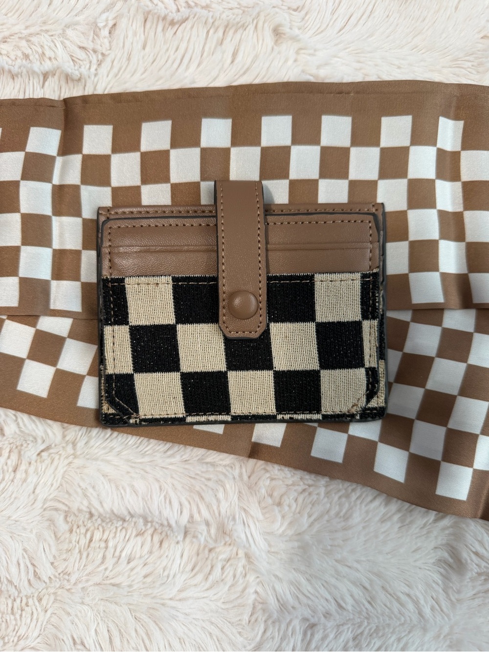 Checkered Canvas Card Holder with Brown Leather Trim and coordinating scarf